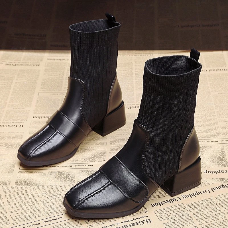  Leather Boots Women Round Toe Mid Heel Ankle Boots Thick Square Heel Slip on We - £94.79 GBP