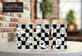 Spooky 16oz Can, 16oz Glass Can with Ghost Wrap, Ghost and Flower Design, Hallow - £14.35 GBP