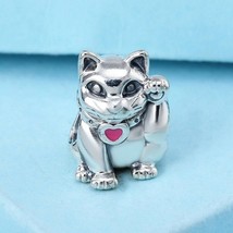 925 Sterling Silver Lucky Cat with Pink Enamel Charm For DIY Moments Bracelet - £13.54 GBP