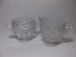 EAPG Daisy &amp; Button Creamer Sugar Set clear glass Fan Handle pedestal - £43.45 GBP