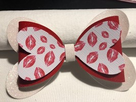 VALENTINE HEART HAIRBOW, KISSES HEARTS, RED AND WHITE, 4.5 X 3&quot; - $6.76