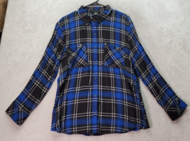 Sanctuary Shirt Women XL Blue Plaid Rayon Long Sleeve Pockets Collar Button Down - £11.27 GBP