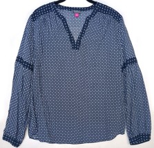 Vince Camuto V-Neck Peasant Blouse Size M Navy and White Diamond Check Pattern - £13.62 GBP