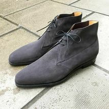 Handmade Men&#39;s Gray Suede Leather Chukka Boots Men Suede Casual Wear Ankle Boots - £116.84 GBP
