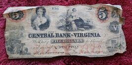 Antique 1860 Central Bank of Virginia 5 Dollar Note Staunton Va Obsolete - $49.99