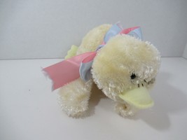 cream or pale yellow plush duck laying lying down pink green bow - £16.32 GBP