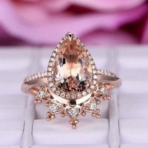 3.20Ct Pear Cut Morganite Bridal Set Engagement Ring Solid 14K Rose Gold Finish - £131.22 GBP