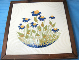 Tile Trivet with Wood Boarder Bright Blue Flowers Design Italy Ceramic - $23.95
