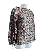 Vintage 70s Ruffle Boat Neck Long Sleeve Top Diamond Blue Orange White s... - $19.24