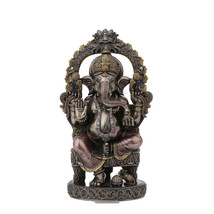 Bronze Finish Ganesha Seated On Throne With Temple Arch Statue - $128.69
