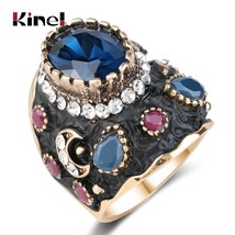 Unique Big Black Enamel Ring Blue Crystal Gold Color Ethnic Antique Rings For Wo - £6.31 GBP