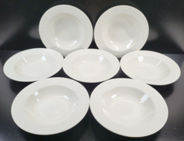 7 Sango Garland Rim Soup Bowls Set Embossed Floral Scrolls White 8837 Dishes Lot - £47.33 GBP