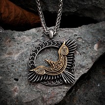 Gold Color Eagle Crow Necklace Men Viking Raven Amulet Stainless Steel Odin Rune - £14.20 GBP