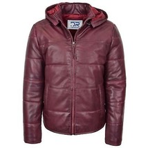 DR188 Men&#39;s Leather Hooded Puffer Jacket Burgundy - £146.01 GBP