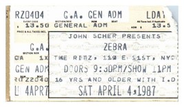 Zèbre Concert Ticket Stub Avril 4 1987 New York Ville The Ritz - £39.51 GBP