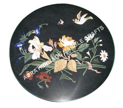 24&quot; Black Round Marble Coffee Table Top Marquetry Inlay Arts Hallway Decor H601 - £393.42 GBP