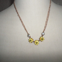 Betsey Johnson Vintage Dual Strand Frontal Necklace Yellow Citron/Clear Stones - £23.18 GBP