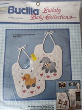 VINTAGE Bucilla Lullaby Baby Collection Cross Stitch Kit Alphabet Bears Bib Pair - £11.87 GBP