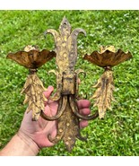 Old Vintage Hand Wrought Iron Metal Two Arm Candle Wall Sconce Gold Fini... - $1,606.17 MXN