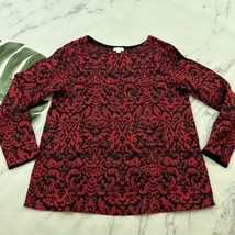 J Jill Rhinestone Trim Sweater Size M Black Red Scroll Floral Pullover Sparkle - $27.71