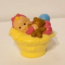 Vintage Fisher Price Little People Baby Girl w/ Teddy Bear in Yellow Basket 2001 - £3.92 GBP