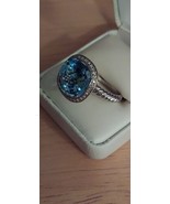 Sterling 13.00ct CUSHION BLUE TOPAZ DIAMOND HALO WHITE GOLD CLAD RING SZ... - $237.60
