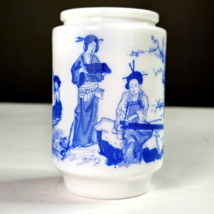 Vintage Belgium Milk Glass Jar Container Blue White Oriental Asian Scene... - $19.99