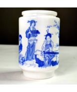 Vintage Belgium Milk Glass Jar Container Blue White Oriental Asian Scene... - $369.57 MXN