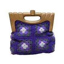 Cottage Core Purple Granny Square Crochet Wood Handle Handbag - $885.77 MXN