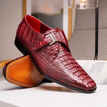 Luigi Genuine Caiman Crocodile Dress Monk Strap Shoes Wine image 9