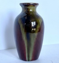 Studio Art Pottery Flower Vase Moss Green Wine Red Brown Crackle Glaze 5... - $21.95