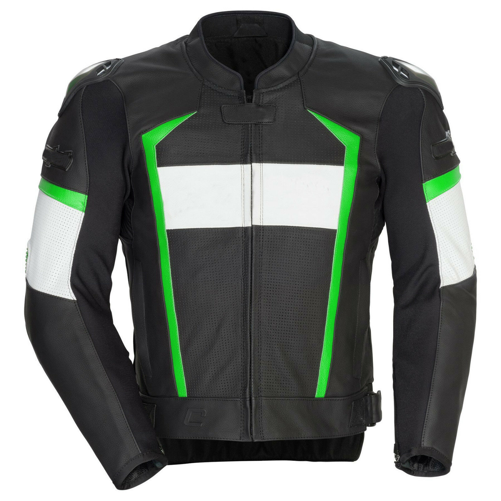 Men Black White Motorcycle Green Stripes Leather Safety Pads jacket Speed Hump