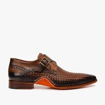 The Rolls Woven Tan Leather Single Monk Strap Handmade Men Shoe image 8