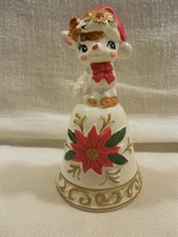 Vintage Napco Japan Ceramic Christmas Poinsettia Reindeer Deer Bell X-9213 - $17.95