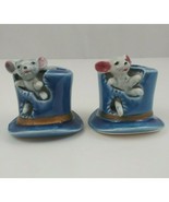 Vintage Arrow Set of 2 Ceramic Mouse in a Blue Top Hat Toothpick Holders... - $24.74