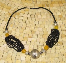 Moroccan resin amber coral glass silver bead necklace - Ethnic Necklace Morocco - $65.55
