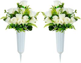 Artificial Cemetery Flowers, Set of 2 Artificial Rose Bouquet Grave Memorial Flo - £23.79 GBP