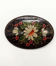 Vintage Handpainted Floral Wooden Oval Brooch Pin Black Ethnic Lapel Scarf - £9.47 GBP