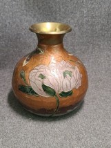 Vintage Cloissonné Metal Vase Hand Painted &quot;Globe Shopper&quot; 5.7&quot; Tall But... - £18.96 GBP
