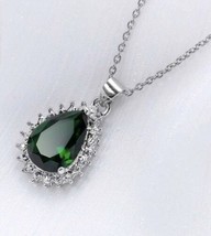 Silver And Emerald Necklace With Cubic Zirconia -  Pendant Teardrop Neck... - $16.28