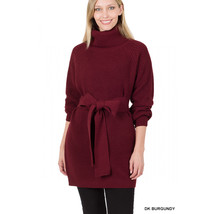 Belted Turtleneck Sweater Dress   Raglan Sleeves - Dark Burgundy - $58.20