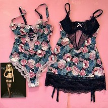 Victoria&#39;s Secret XS unlined Teddy+garter SLIP/DRESS navy Blue Pink Peon... - £132.33 GBP