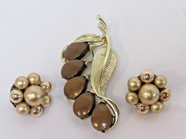Vtg STAR Botanical Leaf Brown Mood-Stone Brooch Clip-on Ball Earrings Gold Tone - £32.06 GBP
