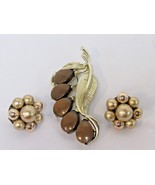 Vtg STAR Botanical Leaf Brown Mood-Stone Brooch Clip-on Ball Earrings Go... - $760.08 MXN