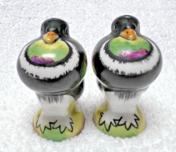 Hand Painted Puffy Bird Salt Pepper Shakers Purple Yellow Green 2 1/4 Japan - $34.00 CAD