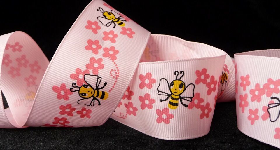 1.5 inch light piggy pink Bees Flowers grosgrain RIBBON - 1 yard bumble ... - $2.46