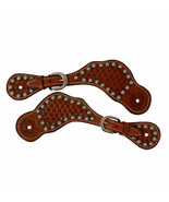 Western Spur Straps Stamped Basket Weave Design with Turquoise Dots Tooled - £14.93 GBP