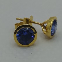 2CT Blue Sapphire Halo Bezel Set Earrings 14K Yellow Gold Plated Sterling Silver - £18.26 GBP