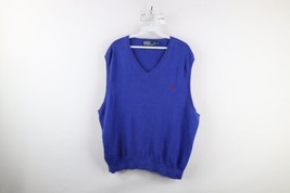 Vintage 90s Ralph Lauren Mens 2XL XXL Faded Pima Cotton Knit Sweater Vest Blue - £39.46 GBP