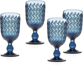 Wine Goblet Set Glassware Vintage Glasses Stem Water Stemmed 12 Oz Bar Blue 4 - £35.57 GBP